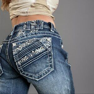 Miss Me Womens Jeans 27 Straight Embellished Rhinestone Pockets Western Blue
